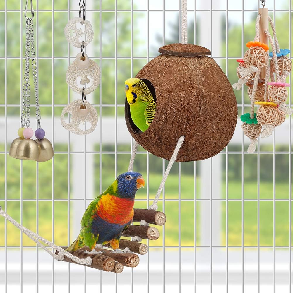 Coconut Hideaway Wood Perch Bird Toy Set - Hình 2
